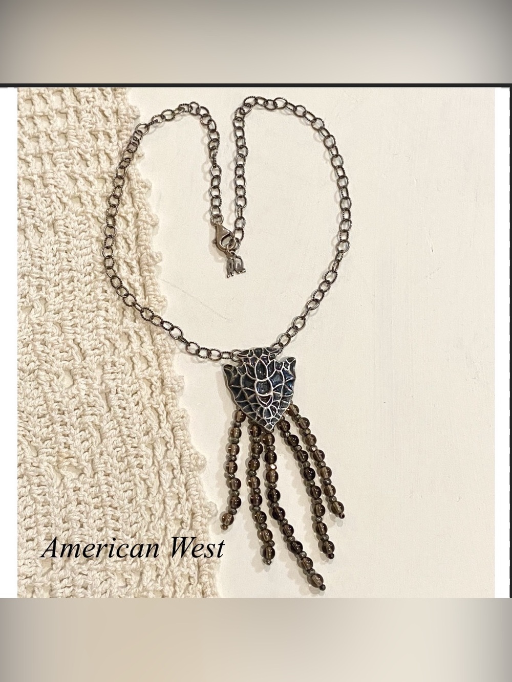 Carolyn Pollack/AW Sterling Silver Arrowhead Pendant Necklace–Smokey Bead Fringe